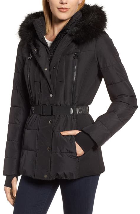 michael kors water-resistant faux fur trim belted puffer jacket|packable down jacket Michael Kors.